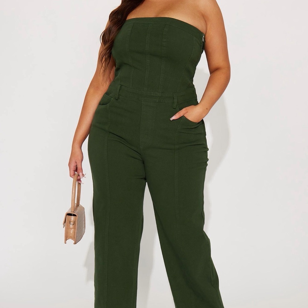 Women's Green Denim Strapless Jumpsuit